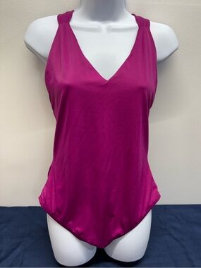 Women Magenta V-Neck one piece swimsuit with Gathered Straps size 14 (X-L)